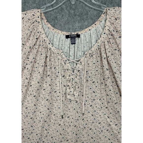 Chaps Peasant Floral Blouse 3X Pink Short Sleeve Scoop Neck Drawstring - Picture 3 of 8